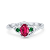Three Stone Engagement Ring Oval Cut Round Simulated Green Emerald Cubic Zirconia 925 Sterling Silver