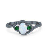 Three Stone Engagement Ring Oval Cut Round Simulated Green Emerald Cubic Zirconia 925 Sterling Silver