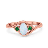 Three Stone Engagement Ring Oval Cut Round Simulated Green Emerald Cubic Zirconia 925 Sterling Silver