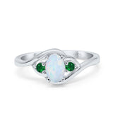 Three Stone Engagement Ring Oval Cut Round Simulated Green Emerald Cubic Zirconia 925 Sterling Silver