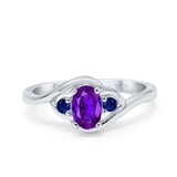 Three Stone Engagement Ring Oval Cut Round Simulated Blue Sapphire Cubic Zirconia 925 Sterling Silver