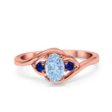 Three Stone Engagement Ring Oval Cut Round Simulated Blue Sapphire Cubic Zirconia 925 Sterling Silver