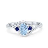Three Stone Engagement Ring Oval Cut Round Simulated Blue Sapphire Cubic Zirconia 925 Sterling Silver