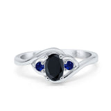 Three Stone Engagement Ring Oval Cut Round Simulated Blue Sapphire Cubic Zirconia 925 Sterling Silver