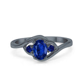 Three Stone Engagement Ring Oval Cut Round Simulated Blue Sapphire Cubic Zirconia 925 Sterling Silver