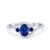 Three Stone Engagement Ring Oval Cut Round Simulated Blue Sapphire Cubic Zirconia 925 Sterling Silver