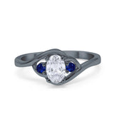 Three Stone Engagement Ring Oval Cut Round Simulated Blue Sapphire Cubic Zirconia 925 Sterling Silver