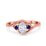 Three Stone Engagement Ring Oval Cut Round Simulated Blue Sapphire Cubic Zirconia 925 Sterling Silver