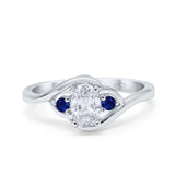 Three Stone Engagement Ring Oval Cut Round Simulated Blue Sapphire Cubic Zirconia 925 Sterling Silver
