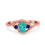 Three Stone Engagement Ring Oval Cut Round Simulated Blue Sapphire Cubic Zirconia 925 Sterling Silver
