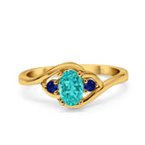 Three Stone Engagement Ring Oval Cut Round Simulated Blue Sapphire Cubic Zirconia 925 Sterling Silver