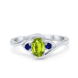 Three Stone Engagement Ring Oval Cut Round Simulated Blue Sapphire Cubic Zirconia 925 Sterling Silver