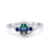 Three Stone Engagement Ring Oval Cut Round Simulated Blue Sapphire Cubic Zirconia 925 Sterling Silver