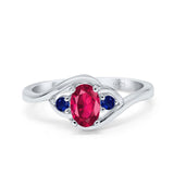 Three Stone Engagement Ring Oval Cut Round Simulated Blue Sapphire Cubic Zirconia 925 Sterling Silver