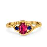 Three Stone Engagement Ring Oval Cut Round Simulated Blue Sapphire Cubic Zirconia 925 Sterling Silver