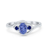 Three Stone Engagement Ring Oval Cut Round Simulated Blue Sapphire Cubic Zirconia 925 Sterling Silver