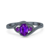 Three Stone Engagement Ring Oval Cut Round Simulated Amethyst Cubic Zirconia 925 Sterling Silver