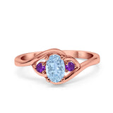 Three Stone Engagement Ring Oval Cut Round Simulated Amethyst Cubic Zirconia 925 Sterling Silver