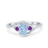 Three Stone Engagement Ring Oval Cut Round Simulated Amethyst Cubic Zirconia 925 Sterling Silver