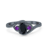 Three Stone Engagement Ring Oval Cut Round Simulated Amethyst Cubic Zirconia 925 Sterling Silver