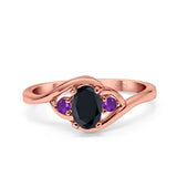 Three Stone Engagement Ring Oval Cut Round Simulated Amethyst Cubic Zirconia 925 Sterling Silver