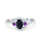 Three Stone Engagement Ring Oval Cut Round Simulated Amethyst Cubic Zirconia 925 Sterling Silver