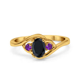 Three Stone Engagement Ring Oval Cut Round Simulated Amethyst Cubic Zirconia 925 Sterling Silver