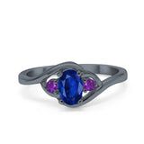 Three Stone Engagement Ring Oval Cut Round Simulated Amethyst Cubic Zirconia 925 Sterling Silver