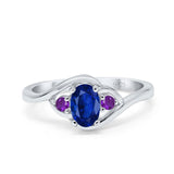 Three Stone Engagement Ring Oval Cut Round Simulated Amethyst Cubic Zirconia 925 Sterling Silver