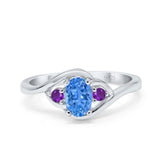 Three Stone Engagement Ring Oval Cut Round Simulated Amethyst Cubic Zirconia 925 Sterling Silver
