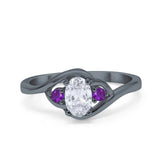 Three Stone Engagement Ring Oval Cut Round Simulated Amethyst Cubic Zirconia 925 Sterling Silver