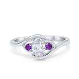 Three Stone Engagement Ring Oval Cut Round Simulated Amethyst Cubic Zirconia 925 Sterling Silver