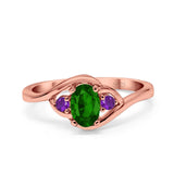 Three Stone Engagement Ring Oval Cut Round Simulated Amethyst Cubic Zirconia 925 Sterling Silver