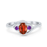 Three Stone Engagement Ring Oval Cut Round Simulated Amethyst Cubic Zirconia 925 Sterling Silver