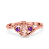 Three Stone Engagement Ring Oval Cut Round Simulated Amethyst Cubic Zirconia 925 Sterling Silver