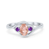 Three Stone Engagement Ring Oval Cut Round Simulated Amethyst Cubic Zirconia 925 Sterling Silver