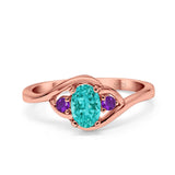 Three Stone Engagement Ring Oval Cut Round Simulated Amethyst Cubic Zirconia 925 Sterling Silver