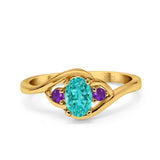 Three Stone Engagement Ring Oval Cut Round Simulated Amethyst Cubic Zirconia 925 Sterling Silver