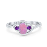 Three Stone Engagement Ring Oval Cut Round Simulated Amethyst Cubic Zirconia 925 Sterling Silver