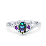 Three Stone Engagement Ring Oval Cut Round Simulated Amethyst Cubic Zirconia 925 Sterling Silver