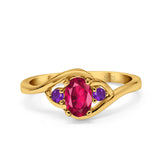 Three Stone Engagement Ring Oval Cut Round Simulated Amethyst Cubic Zirconia 925 Sterling Silver