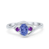 Three Stone Engagement Ring Oval Cut Round Simulated Amethyst Cubic Zirconia 925 Sterling Silver