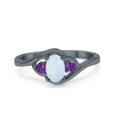 Three Stone Engagement Ring Oval Cut Round Simulated Amethyst Cubic Zirconia 925 Sterling Silver