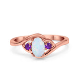 Three Stone Engagement Ring Oval Cut Round Simulated Amethyst Cubic Zirconia 925 Sterling Silver