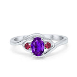 Three Stone Engagement Ring Oval Cut Round Simulated Ruby Cubic Zirconia 925 Sterling Silver