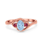 Three Stone Engagement Ring Oval Cut Round Simulated Ruby Cubic Zirconia 925 Sterling Silver