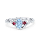 Three Stone Engagement Ring Oval Cut Round Simulated Ruby Cubic Zirconia 925 Sterling Silver