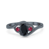 Three Stone Engagement Ring Oval Cut Round Simulated Ruby Cubic Zirconia 925 Sterling Silver