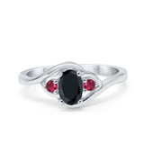 Three Stone Engagement Ring Oval Cut Round Simulated Ruby Cubic Zirconia 925 Sterling Silver