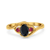 Three Stone Engagement Ring Oval Cut Round Simulated Ruby Cubic Zirconia 925 Sterling Silver